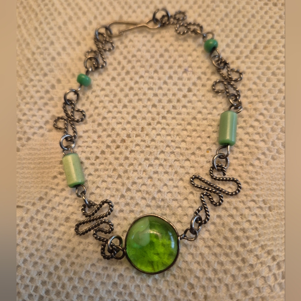 Green Beaded Bracelet with Silver Accents